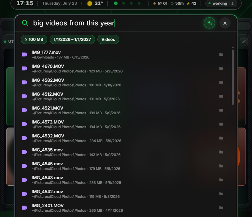 AI search mode reading “big videos from this year” as size, date and file type